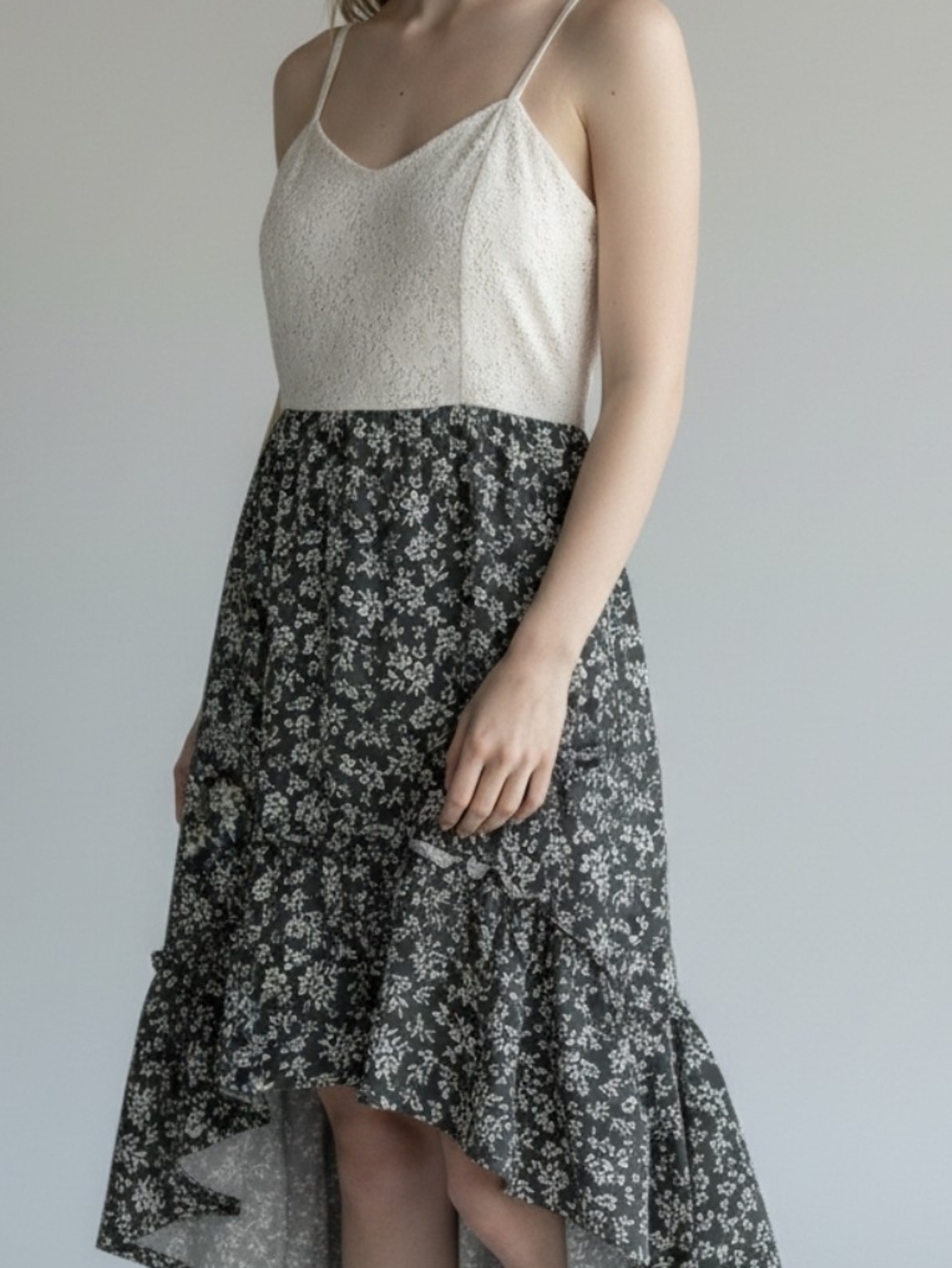 No Boundaries Black and White Floral High-Low Tiered Dress
